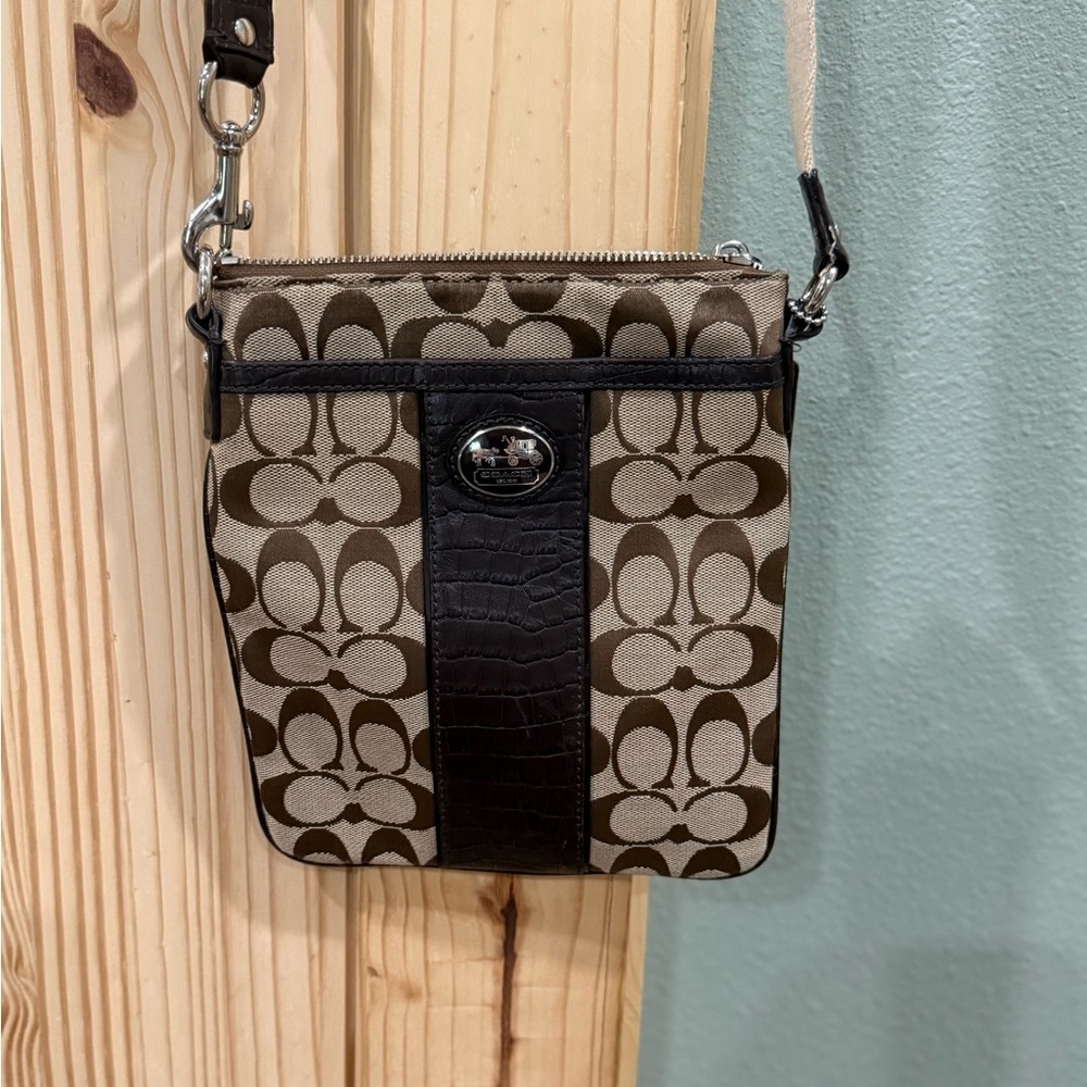 Coach Signature C Brown Tan Crossbody Bag | Leather Trim Small Purse Zip Top